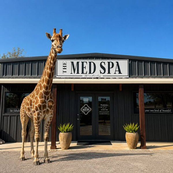 A giraffe outside The Med Spa Wimberley building